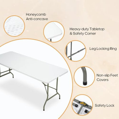 Folding Table 6ft, Heavy-Duty 500lbs Weight Capacity Foldable Table with HDPE Top & Steel Legs, Portable 6 Foot Picnic Table for Indoor Outdoor Parties, Camping, Event