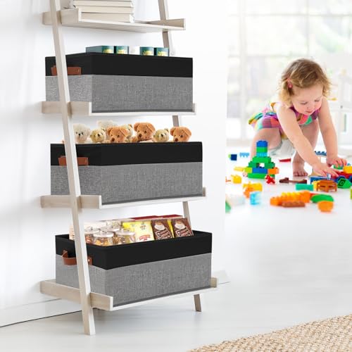 3 Pack Large Capacity Storage Bins Closet Organizer for Shelves, Fabric Closet Storage Baskets Boxes with Leather Handles for Organizing Clothes, Sheets, Jeans, Toys, Books (Black and Grey) - style: 3 Pack Black & Grey