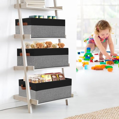 3 Pack Large Capacity Storage Bins Closet Organizer for Shelves, Fabric Closet Storage Baskets Boxes with Leather Handles for Organizing Clothes, Sheets, Jeans, Toys, Books (Black and Grey) - style: 3 Pack Black & Grey
