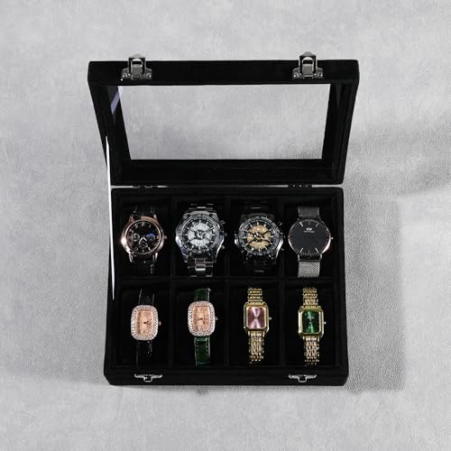 Frebeauty 8-Slot Watch Box,Velvet Watch Case with Glass Lid,Watch Organizer Box for Men and Women,Lockable Watch Storage,Watch Display Case,Ideal Gift(Black) - color: Black, size: 8 Slots