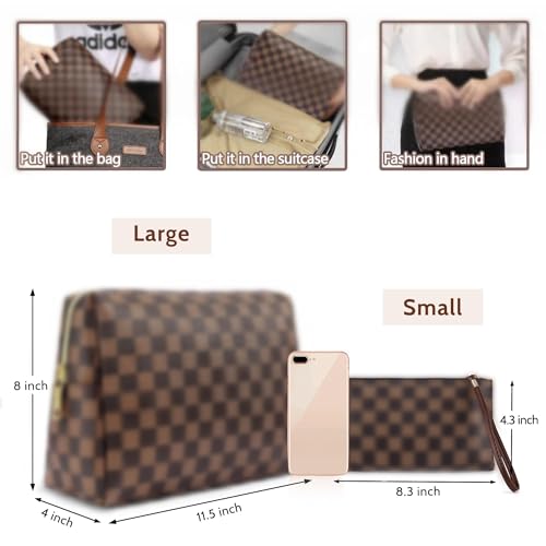 BAGCRAZY Large Makeup Bag, Travel Cosmetic Bag Set 2 Pack, Waterproof PU Leather Toiletry Bag for Women, Portable Makeup Organizer for Travel and Daily Use