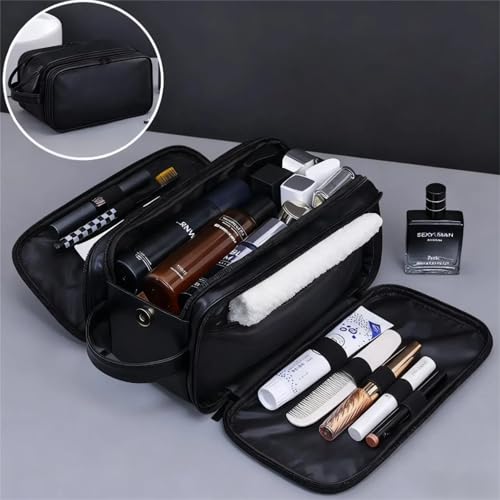 2 Pack Men's Toiletry Bag Pu,Travel Toiletry Organizer, Waterproof Shaving Kit Pouch For storing daily essentials like toiletries and cosmetics,Black (Leather Black) - color: Leather Black