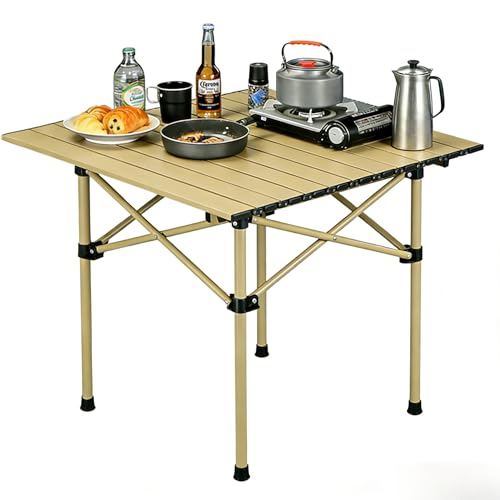 Foldable roll up Camping Table, Lightweight and Portable Compact Metal Camping Table, Suitable for Outdoor barbecues and picnics, Khaki 20 * 20 inches (58)