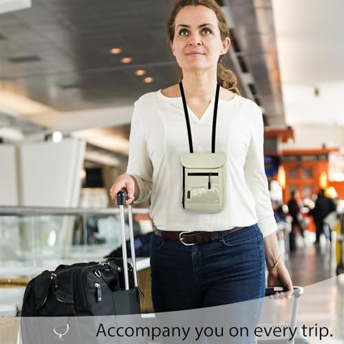 RFID Blocking Travel Neck Wallet Pouch and Passport Holder, Travel Neck Pouch Passport Holder for Women & Men - Beige - color: beige