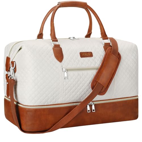 ITIEZY Weekender Overnight Bag for Women - Large Travel Duffel Bag with Shoe Compartment, Gym Duffel Bag Hospital Bag Carry On Tote Bags for Airplanes with Crossbody Bag Toiletry Bag 3Pcs Set - color: 1-Beige
