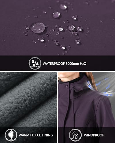 Outdoor Ventures Women's Lightweight Waterproof Fleece Lined Hooded Softshell Rain Jacket, Warm Windbreaker Long Coat - color: Purple, size: X-Small