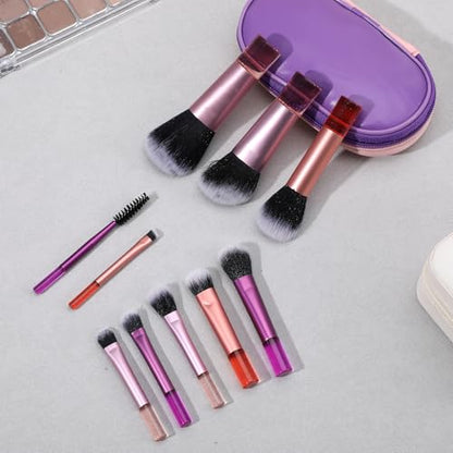 10 Pcs Mini Travel Makeup Brushes Set with Pouch, Short Handle Makeup Brushes for Women Girls Portable Full Complete Function Cosmetic Kit Brush Blush Powder Eye Shadow - color: Purple
