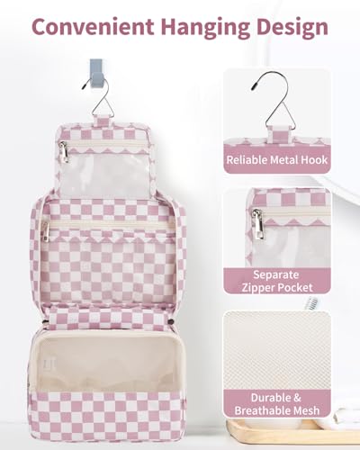 Narwey Small Hanging Travel Toiletry Bag for Women, Travel Bag for Toiletries, Makeup Bag Organizer Cosmetic Bags Make Up Bags for Girls - color: ZA-Dusty Pink Checkerboard