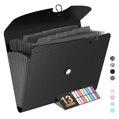 Sooez Expanding File Folder, 13 Pocket Accordion File Organizer, Monthly Expandable File Folder for Documents with Labels, Portable Bill Receipt Organizer for School Office Supplies, Letter A4 Size - color: Grey
