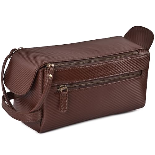 LEATHER VILLAGE Genuine Carbon Fiber Genuine Leather Travel Toiletry Bag - Large Dopp Kit, Water-Resistance Bathroom & Shaving Organizer for Men & Women - Brown - color: Carbon Brown