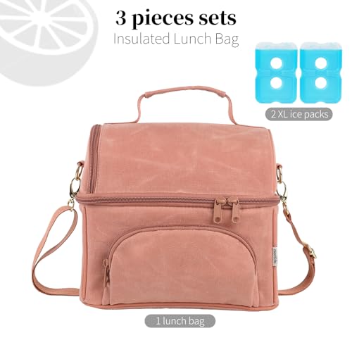 Waxed Canvas Lunch Bag with 2 XL Ice Packs, Canvas Lunch Box, Lunch Cooler for Men Work, 10.5L 2 Compartments Insulated Leakproof Cooler Bags for Camping, Beach and Road Trips - color: Mellow Rose