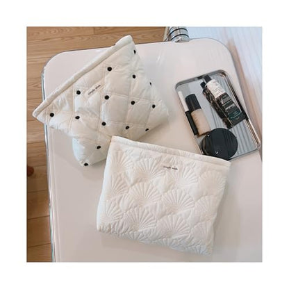 uekeboag White Quilted Cotton Makeup Pouch,Coquette Quilted Toiletry Bag for Women and Girls, Floral Coquette Organizer Bag, Aesthetic Travel Cosmetic Bags(01White Dots) - color: 01White Dots