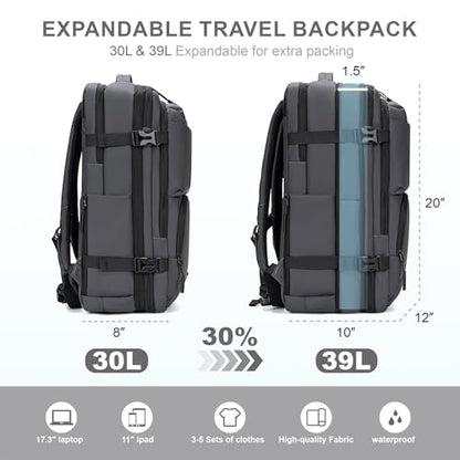 BAGOK Carry On Travel Backpack, 35L-40L Expandable Extra Large Airline Approved,Lightweight Daypack for Men and Women（Gray） - color: Gray, size: Large