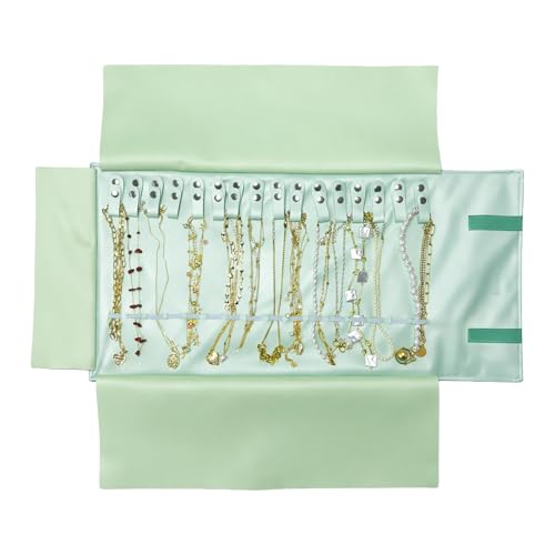 UnionPlus Travel Jewelry Roll, Faux Leather Necklaces Organizer Bag, Elastic Band and Anti-winding, Mint Green - color: Leather Mint Green, size: Medium