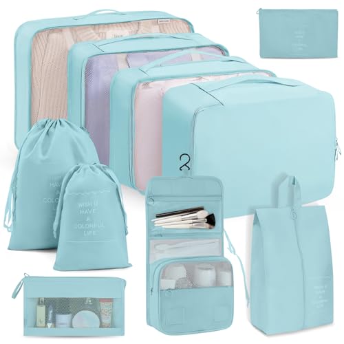 Packing Cubes 10 PCS, Mesh Breathable Luggage Organizers Bags, Packing Organizers, Durable Travel Essentials Bags Set, Travel Packing Organizers, Lake blue - color: Lake blue, size: 10pcs