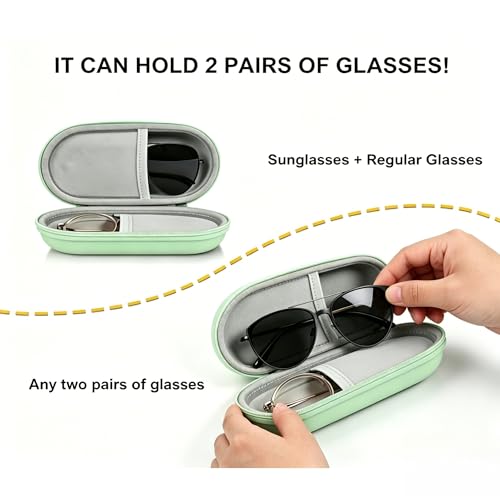 Double Glasses Case,Dual Eyeglasses & Sunglasses Organizer with Clip Zipper Closure for Travel 2 Pairs Storage Box - color: Green