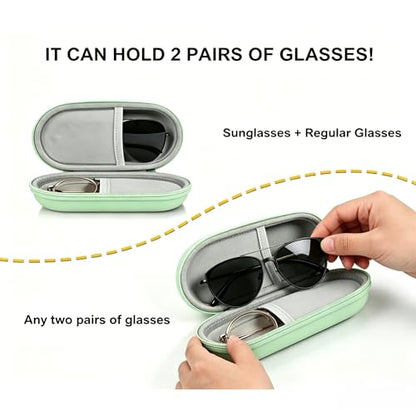 Double Glasses Case,Dual Eyeglasses & Sunglasses Organizer with Clip Zipper Closure for Travel 2 Pairs Storage Box - color: Green
