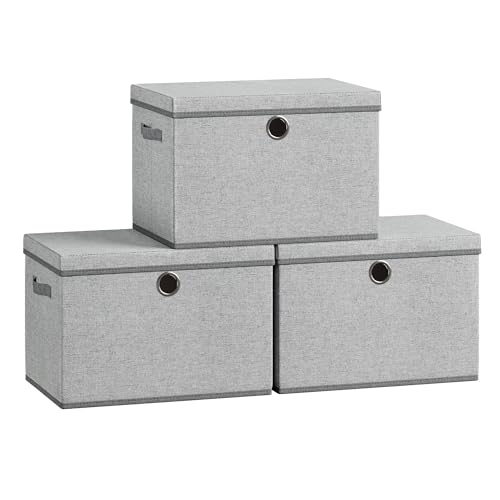 SONGMICS Large Storage Bins with Lids, 41 Quart Fabric Closet Organizer, 3 Pack Foldable Storage Boxes, 16.9"L x 11.8"W x 11.8"H, Dove Gray URFB545GD01