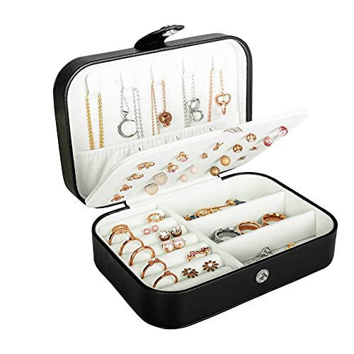 Hatori Travel Jewelry Box, PU Leather Small Jewelry Organizer for Women Girls, Double Layer Portable Mini Travel Case Display Storage Holder Boxes for Stud Earrings, Rings (Black) - color: Black