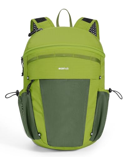 ECOHUB 15L Lightweight Casual Daypack, Packable Backpack for Daily Use, Hiking & Travel, Foldable Small Backpack with Stretch Mesh Pockets, Water-Resistant Nylon, Reflective Design - color: Green