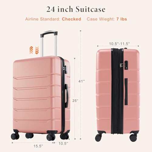 Sweetcrispy 24 Inch Checked Luggage, ABS Lightweight Rolling Hard Shell Suitcase with Smooth Spinner Wheels, Built-in TSA Lock, Durable Travel Suitcase for Business and Vacation Trip, Pink - color: Pink, size: 24 Inch