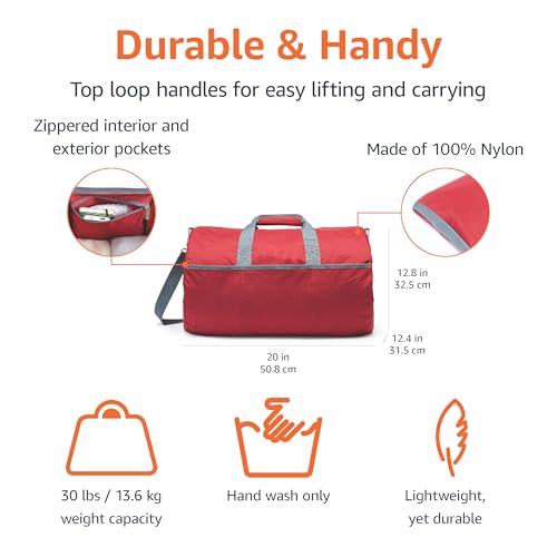 Amazon Essentials Lightweight Nylon Duffel Bag with Zippered Pockets, 20-inch, 30 lb Capacity, Red (Previously Amazon Basics) - color: Red, size: 20 inches