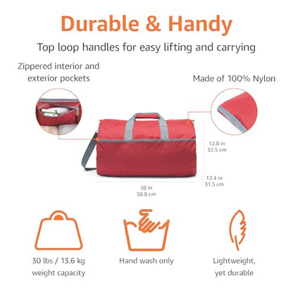 Amazon Essentials Lightweight Nylon Duffel Bag with Zippered Pockets, 20-inch, 30 lb Capacity, Red (Previously Amazon Basics) - color: Red, size: 20 inches