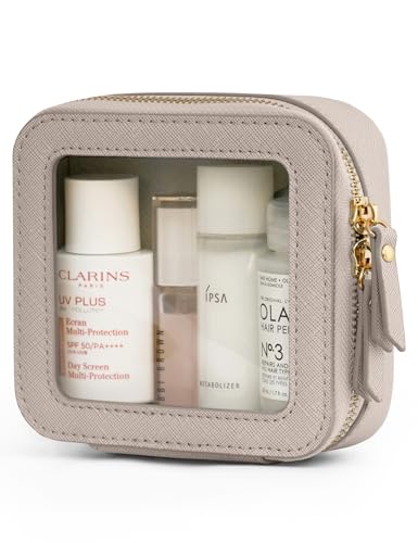 Popvibe Clear Makeup Bag Travel Cosmetic Case Transparent Toiletry Bag with Zipper, Portable Make Up Organizer Traveling Compact Car Bag for Essentials - color: Stone, style: Mini Chic