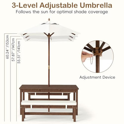 Olakids Kids Picnic Table, Outdoor Wooden Bench Set with Removable Cushions Adjustable Foldable Umbrella, Toddler Backyard Furniture for Patio Garden
