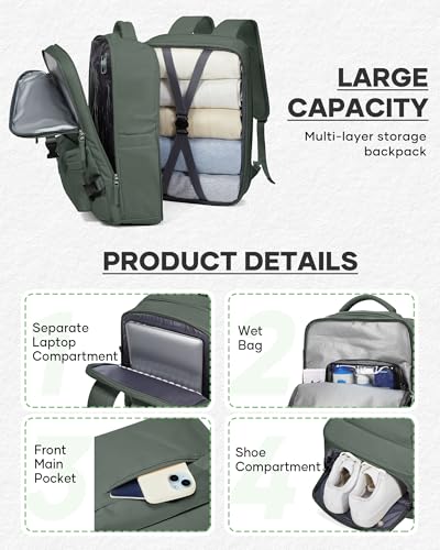 coofay Vacuum Backpack Travel with Pump Travel Backpack with Vacuum System Compression Backpacks for Traveling Easyvacpack Vacpack Backpacks Carry on Luggage - color: Olive Green, size: Extended-with Pump