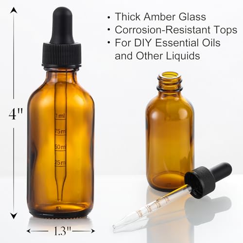 4 Pack 1 oz Glass Dropper Bottles with Measured Dropper - 30ml Dark Amber Tincture Bottles with Graduated Calibrated Glass Eye Droppers (1ml) for Essential Oils, Liquids - Leakproof Travel Bottles - style: Measured Dropper