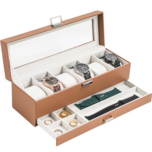 ProCase Watch Box, 6 Slot Watches Display Case with Drawer, Mens Watch Case with Glass Lid, 2-Layer Mens Jewelry Organizer Storage Holder, Birthday Valentine Gifts for Men -6 Slot, Khaki - color: Khaki, size: 6-Slot