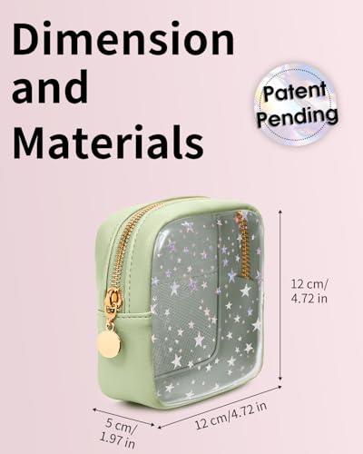 Wandering Nature Clear Makeup Bag for Purse, Mini Make up Bag with Glitter Star Pattern, Cute Cosmetic Pouch for Women with Slip-in Pockets, Travel Toiletry Essentials Vegan Leather Organizer Pouch - color: Green Star