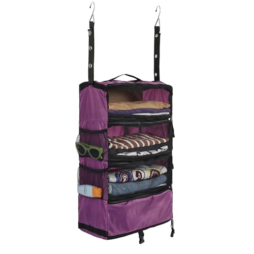 Surblue Travel Hanging Luggage Organizer Portable Suitcase Closet Organizer Multiple Compartments Collapsible Compression Packing Cubes Shelf, Purple, S - color: Purple-A, size: S_9×7×18in