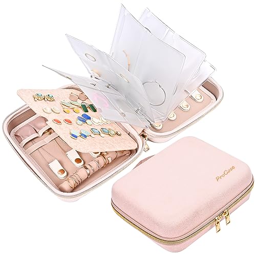ProCase Medium Travel Jewelry Organizer Case, Jewellery Home Storage Book Ring Binder with Clear Pockets for Presentation, Zippered Pouch Bag for Earrings Necklaces Bracelets -Pink - color: Pink, size: Medium, Loose-leaf