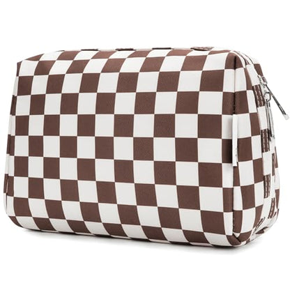 Narwey Checkered Makeup Bag Travel Cosmetic Bag Organizer Toiletry Bag Make Up Bags with Compartments for Women Girls (Large, Dark Checkerboard) - color: YB-Dark Checkerboard, style: Large