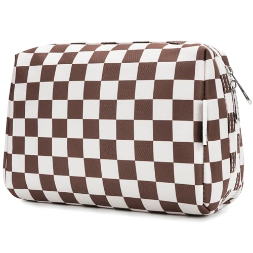 Narwey Checkered Makeup Bag Travel Cosmetic Bag Organizer Toiletry Bag Make Up Bags with Compartments for Women Girls (Large, Dark Checkerboard) - color: YB-Dark Checkerboard, style: Large