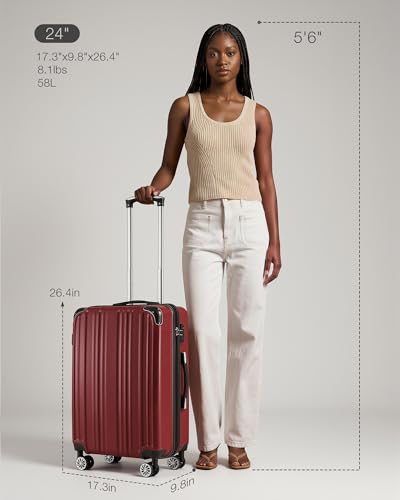 Coolife Luggage, Suitcase with Durable and Lightweight, Checked Luggage with PC+ABS Hardshell, Dual Spinner Wheels, TSA Lock, and YKK Zipper(wine wind new, M(24in)) - color: wine wind new, size: M(24in)