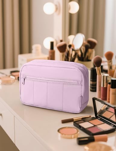 Noozion Makeup Bag Travel Toiletry Bag, Puffy Padded Cosmetic Bag for Women, Makeup Organizer Case, Wide-open Pouch Purse, Travel Essentials - color: Purple