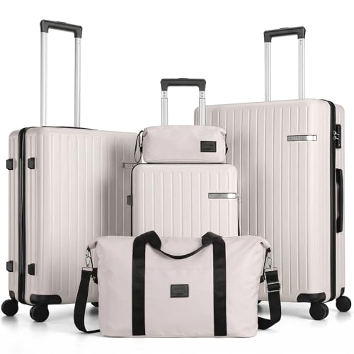 Hoteel Luggage Sets 5 Piece (4-YEARS WARRANTY), ABS+PC Suitcases with Wheels and Side Hook, Hardshell 20/24/28 inch Luggage with Duffel Bag Travel Bag, Beige - color: Beige, size: 5 Piece Set (20/24/28/DB/TB)