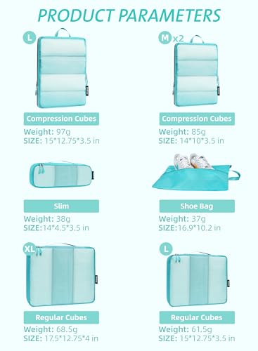 Bagail Ultralight Compression Cubes 7 Set - 3 Packing Cubes, 3 Organizers, and 1 Shoe Bag - color: Blue, style: Mesh Pattern