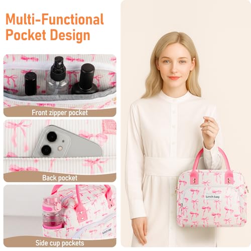 Lunch Bag Large Insulated Lunch Box for Women Adult Cute Pink Lunchbox Lunch Bags Boxes Pail with Shoulder Strap for Work Mom Picnic Office Travel 11.4×6.8×9.1 inches 11.5L (Pink Bow) - color: Pink Bow