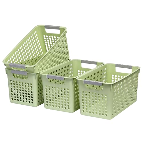 Soddeph Slim Plastic Storage Basket with Handles, Narrow Organizer box for Shelves, Organizer box for Organizing, Kitchen,Home,Office (Green, Medium) - color: Green, size: Medium
