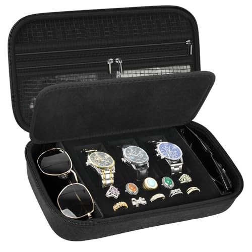 Jewelry Box Watch Case Organizer for Men and Women - Travel Display Boxes Storage with 3 Watch Compartments, 2 Glasses Slots, 10 Ring Holders, Mesh Pouch for Necklaces Bracelets Earring (Holder Only) - color: Black