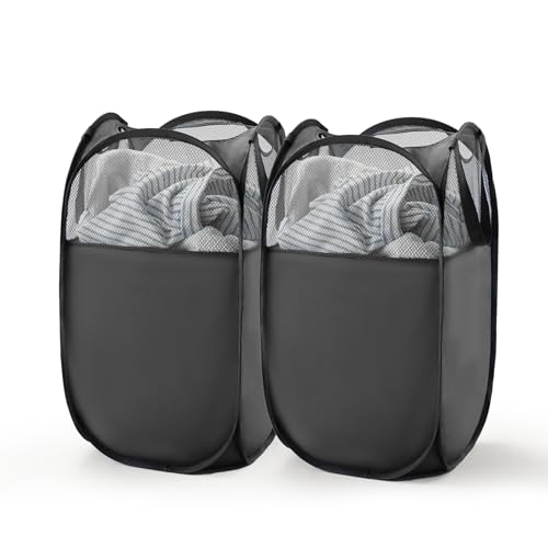 TECHMILLY Pop Up Foldable Laundry Basket, Mesh Laundry Hamper with Reinforced Handles for Dirty Clothes Storage in Dorm, Laundry Room, Bathroom, Black(Fabric), 2 Pack - color: Black(fabric), size: 2 Pack
