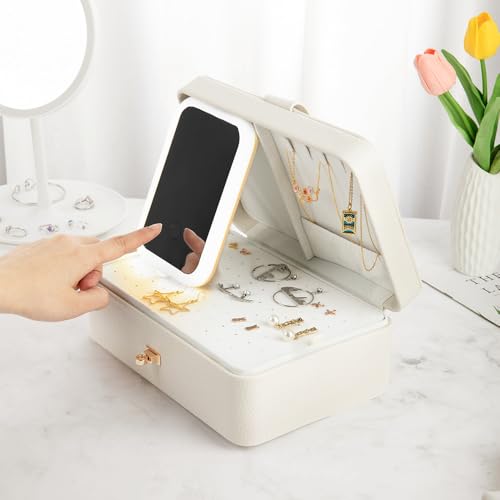 BYFDIY Custom 3-Layer Travel Jewelry Case Personalized Name Birth Flower Jewelry Organizer and Storage With 3 Colors LED Makeup Mirror Mother Jewelrys Box Gifts For Women Nana Size 9.25×6.3×3.54 INCH