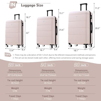 Merax Luggage Sets of 3 Piece Carry on Suitcase Airline Approved,Hardcase Suitcase Set with Double Spinner Wheels,Light Pink - color: Light Pink, size: 3-Piece Set(20/24/28)