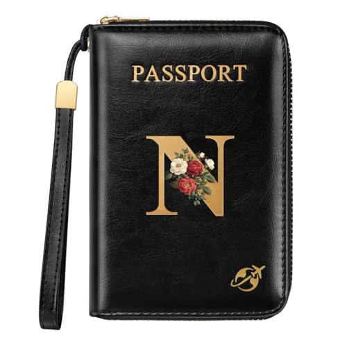 Passport Holder for Travel Wallet Women Zipper Wallets Personalized Passport Holder Cover Initial Letter Rose Flower Passport Book Holders RFID Blocking Credit Card Holder, N - color: Black, size: N