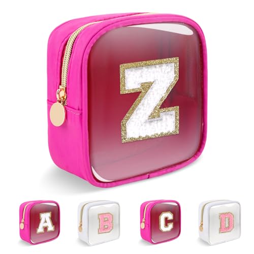 Personalized Initial Letter Clear Preppy Makeup Bag,Mini Nylon Chenille Letter Cosmetic Bag Cute Zipper Pouch Coin Purse for Teen Girls,Portable TSA Approved Travel Essentials Bag Gift for Women,Z - color: Mini-Hot Pink, size: Z