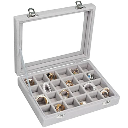 Vicoter Velvet Jewelry Box 24 Grid Jewelry Ring Display Organiser Box Tray Holder Earrings Storage Case for Girls Wife Mom Women (Gray) - color: Gray